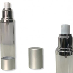 ΦΙΑΛΗ AIRLESS 50ml για υδαρή μείγματα, πλαστική διάφανη και βάση αλουμινίου σε ασημί καπάκι
